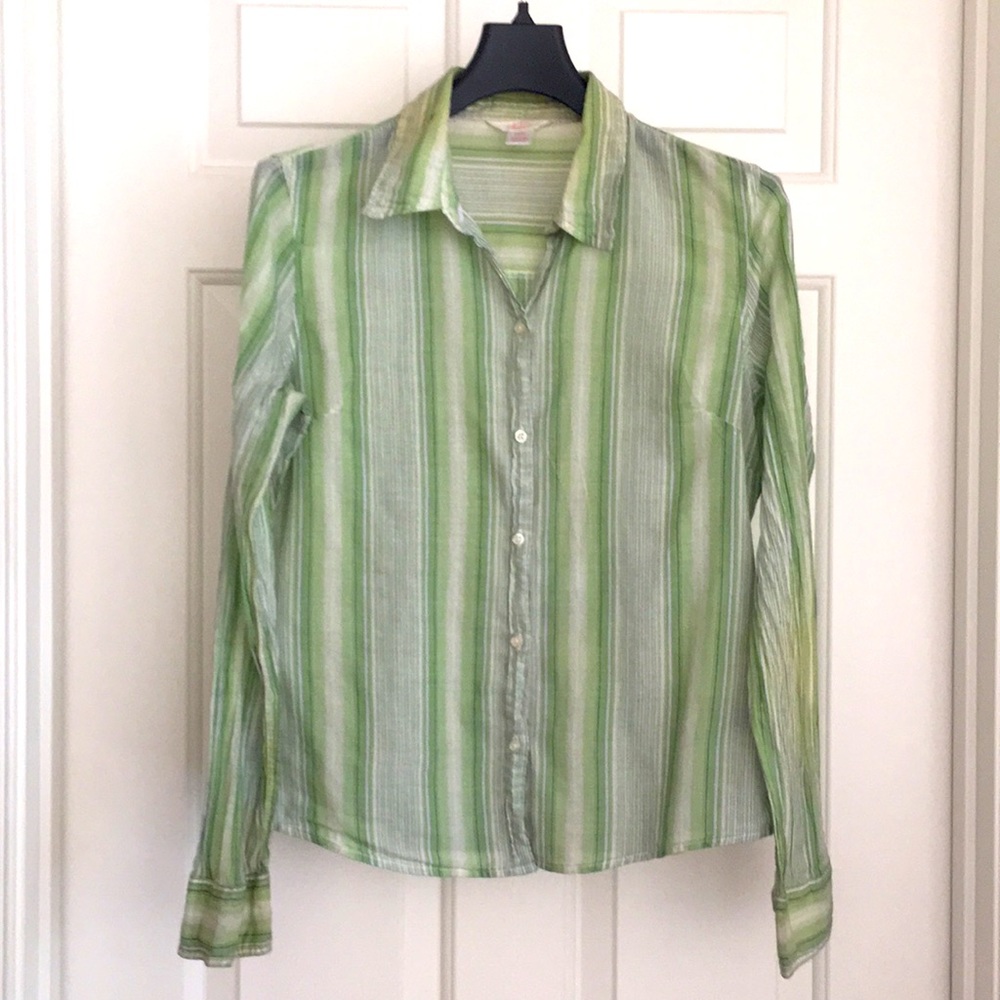 Green Striped Button Down Shirt Thin Fabric Size Medium Long Sleeves